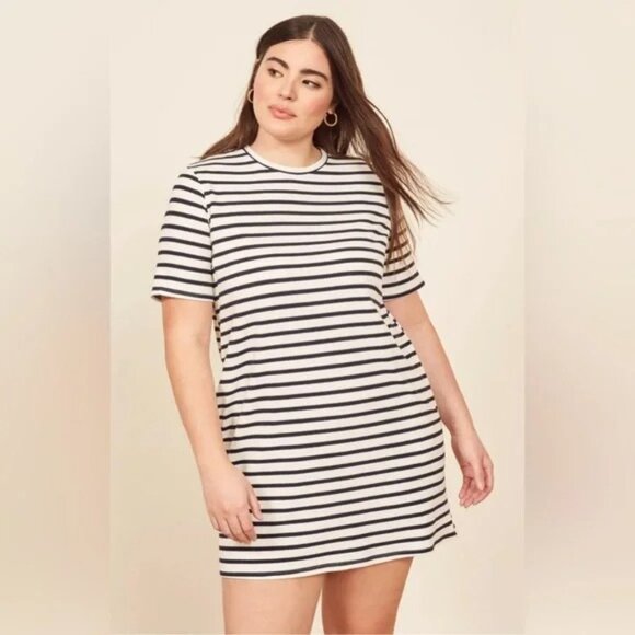 REFORMATION Black White Ceto Stripe Charli Ribbed Knit Pocket T-Shirt Dress M - Picture 2 of 8